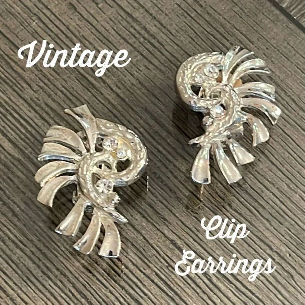 Vintage Silver-tone Clip Earrings with Rhinestone Accents